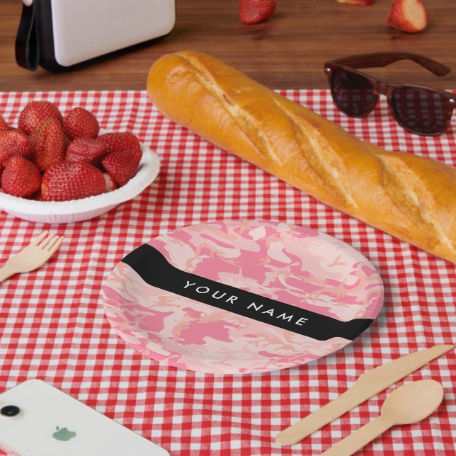 Pink Camouflage Pattern, Your name, Personalize Paper Plates (Picnic)