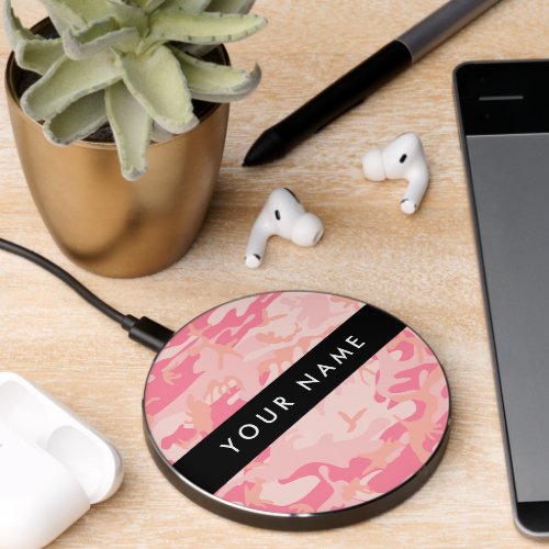 Pink Camouflage Pattern Your name Personalize Wireless Charger