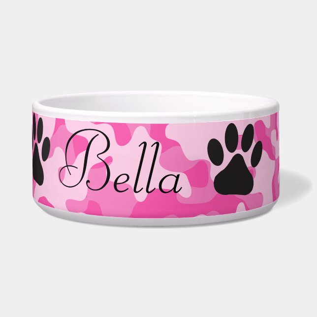 Pink Camouflage Paw Print Dog Bowl (Front)
