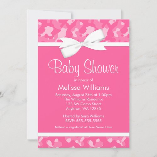 Pink Camouflage Printed Bow Baby Shower Invitation