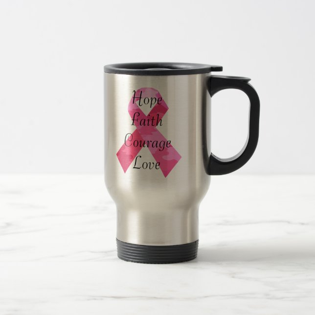Pink Camouflage Ribbon Faith Travel Mug (Right)