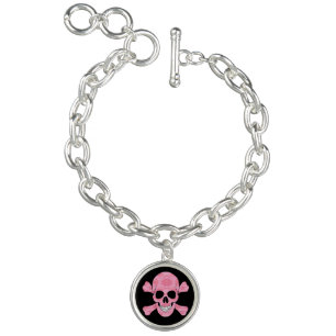 Pink Camouflage Skull And Crossbone Charm Bracelet