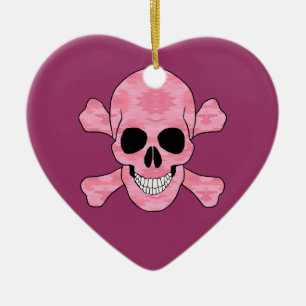 Pink Camouflage Skull And Crossbone Heart Ornament