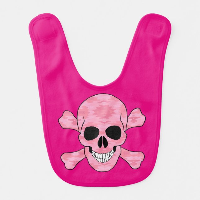 Pink Camouflage Skull And Crossbones Baby Bib (Front)
