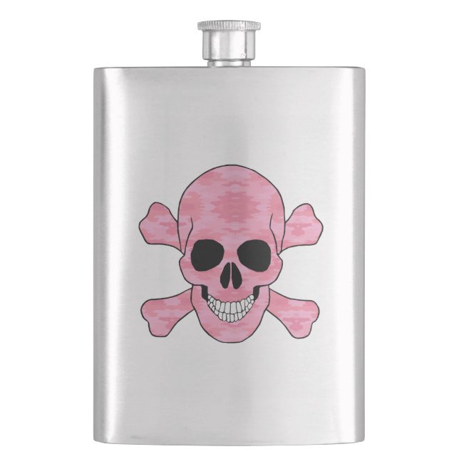 Pink Camouflage Skull And Crossbones Flask (Front)