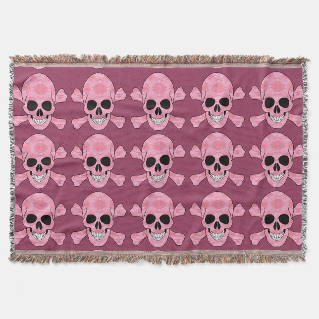 Pink Camouflage Skull And Crossbones Throw Blanket (Front)