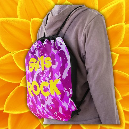 Pink camouflage with yellow text  drawstring bag