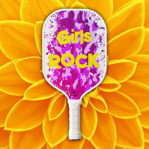 Pink camouflage with yellow text  pickleball paddle