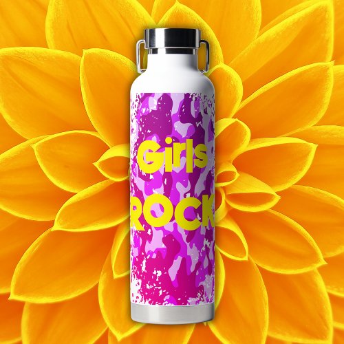Pink camouflage with yellow text  water bottle