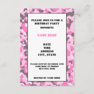 Pink Camouflaged Birthday Party Invitation Card