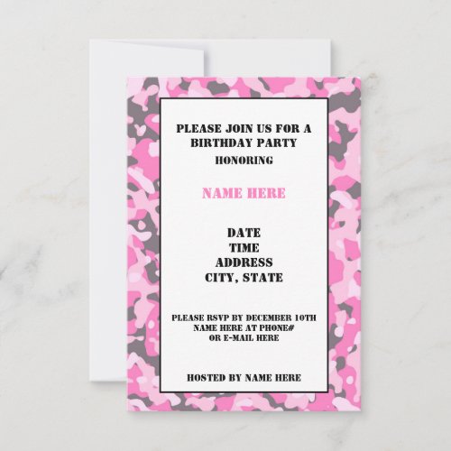 Pink Camouflaged Birthday Party Invitation Card
