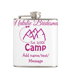 Pink camp bridesmaid add name date year bacheloret flask