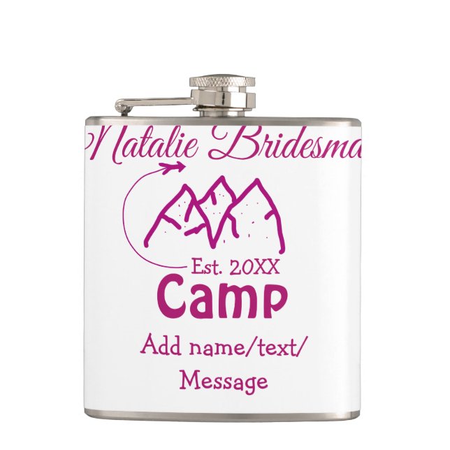 Pink camp bridesmaid add name date year bacheloret flask (Front)