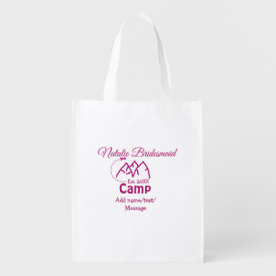 Pink camp bridesmaid add name date year bacheloret grocery bag