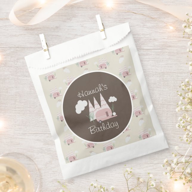 Pink Camper Camping Birthday Party Favor Bag (Clipped)