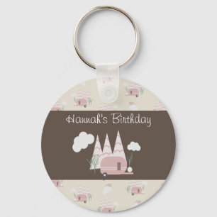 Pink Camper Camping Birthday Party Keychain