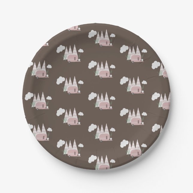 Pink Camper Camping Birthday Party Paper Plates (Front)