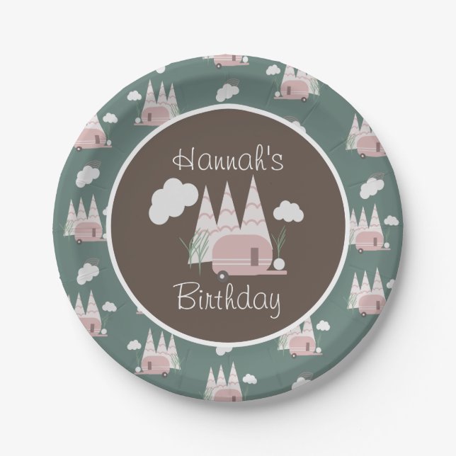 Pink Camper Camping Birthday Party Paper Plates (Front)