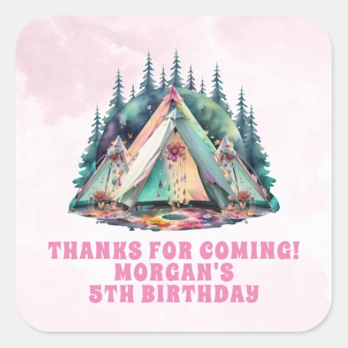 Pink Camping Sleepover Birthday Party Favor Square Sticker