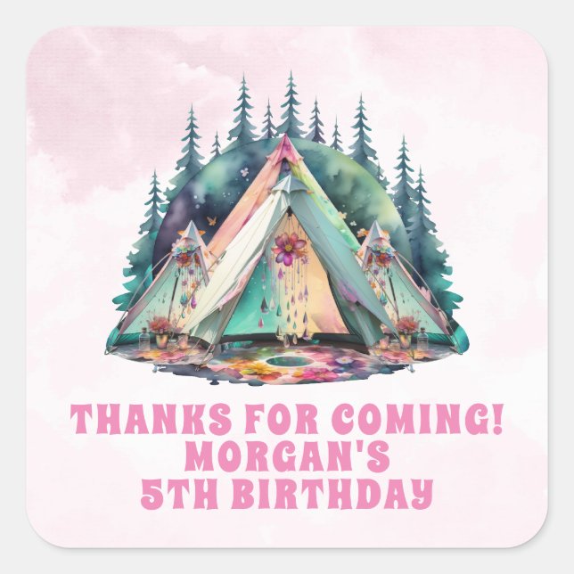 Pink Camping Sleepover Birthday Party Favor Square Sticker (Front)