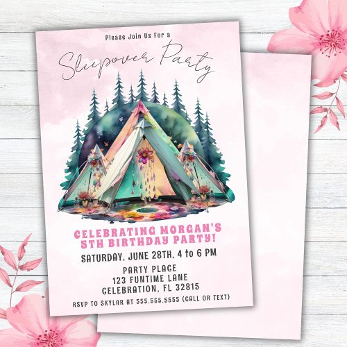 Pink Camping Sleepover Birthday Party Invitation