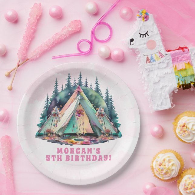 Pink Camping Sleepover Birthday Party Paper Plates (Party)