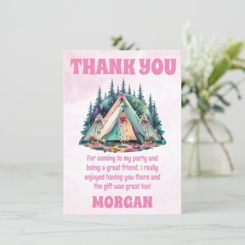 Pink Camping Sleepover Party Thank You Card