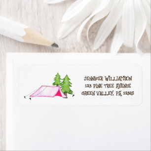 Pink Camping Tent and Pine Trees Return Address Label