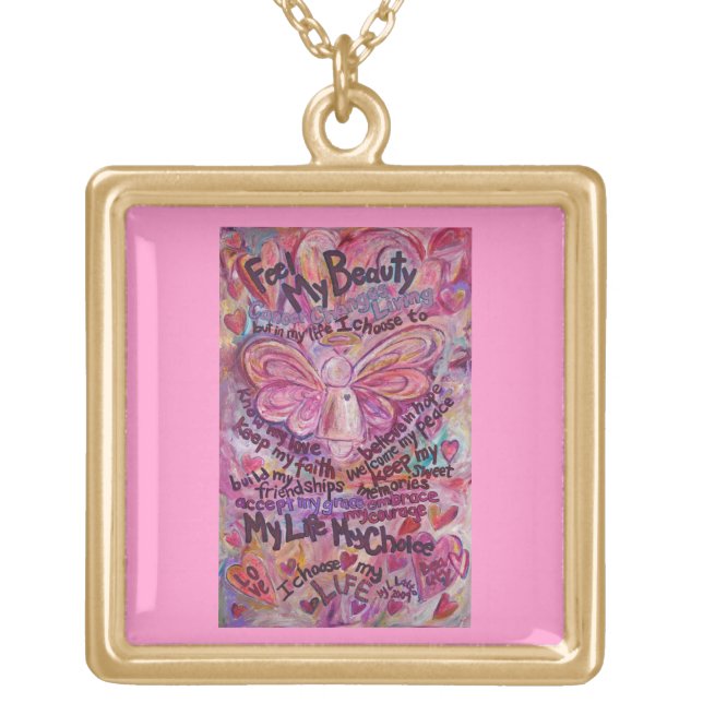 Pink Cancer Angel Feel Beauty Poem Charm Necklace (Front)