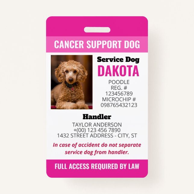 Pink Cancer Support Dog Logo QR Code Photo ID Badge (Front)