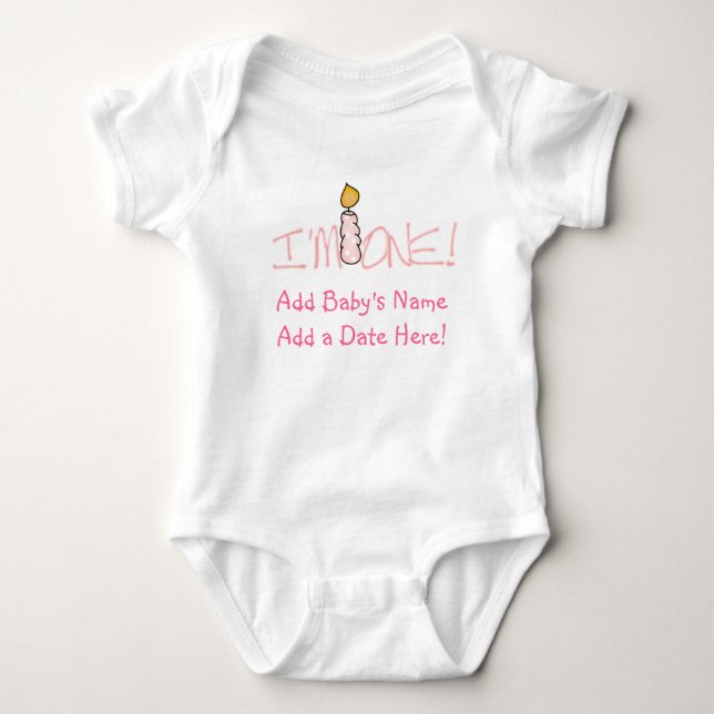 Pink Candle I'm One Personalized Baby T-shirt Baby Bodysuit (Front)