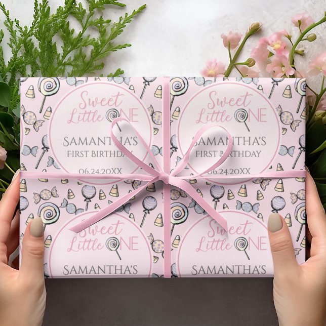 Pink Candy Baby Shower Sweet Little One Wrapping Paper (Pink Baby Girl Wrapping Paper for 1st Birthday. Sweet Little One Hand-Drawn Candy & Lollipop Pattern)