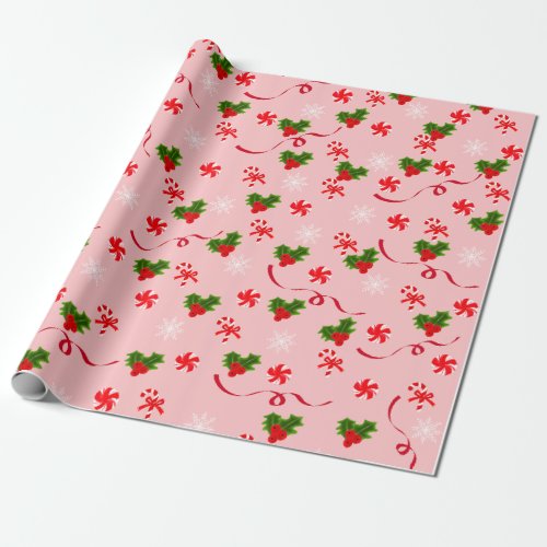 Pink Candy Cane and Red Ribbon Christmas Berries Wrapping Paper