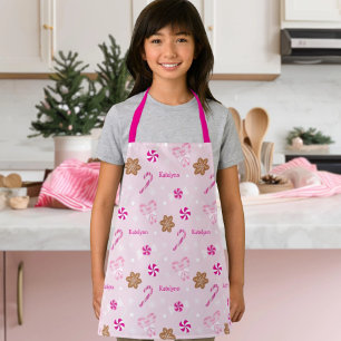 Pink Candy Cane Bow Gingerbread Snowflake Add Name Apron