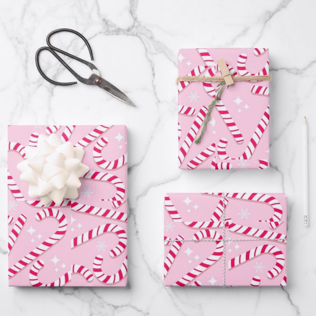 Pink Candy Cane Christmas Wrapping Paper Sheets (Front)