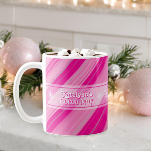 Pink Candy Cane Stripes Snowflakes Add Name Cocoa Coffee Mug