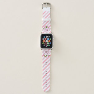 Pink Candy Cane Stripes Watercolor Flower Accents Apple Watch Band