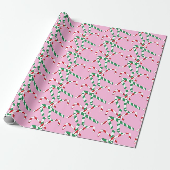 Pink Candy Cane white red green Wrapping Paper (Unrolled)