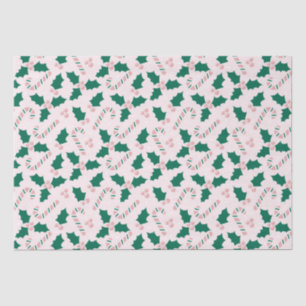 Pink Candy Canes and Holly Leaves Pattern Tissue Paper