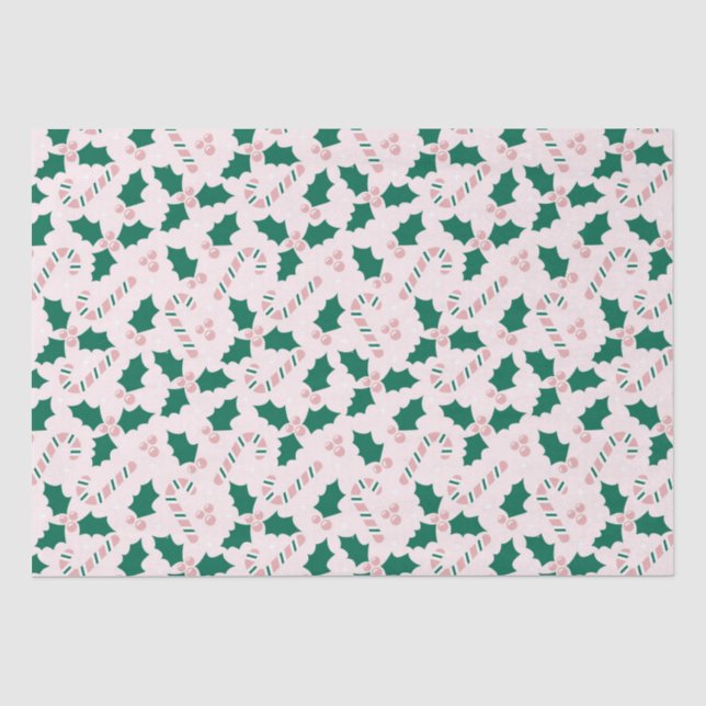 Pink Candy Canes and Holly Leaves Pattern  Tissue Paper (Front)