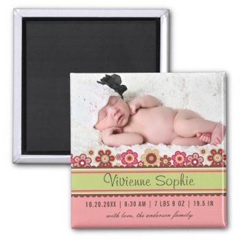 Pink Candy Daisies Photo Birth Announcement Magnet by fatfatin_design at Zazzle