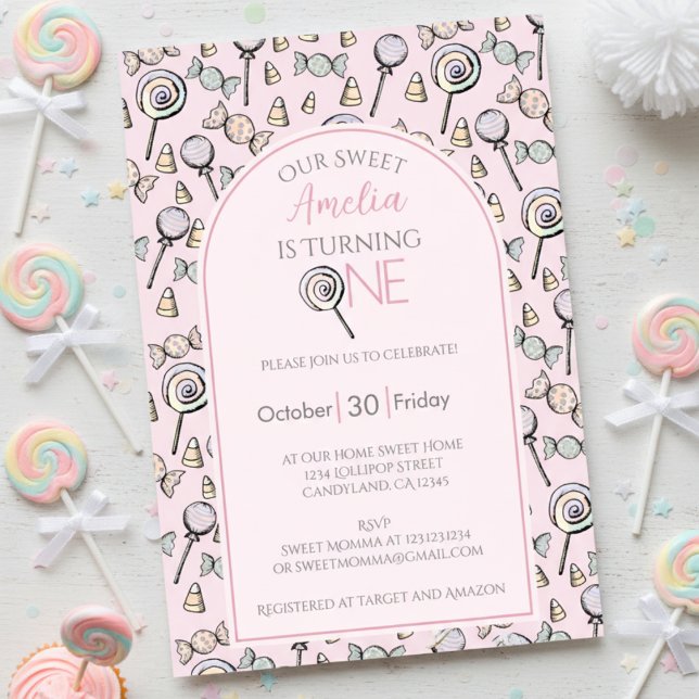 Pink Candy First 1st Birthday Photo Invitation (Pink Sweet One Baby Girl Birthday Invitations. Lollipop & Candy Pattern for Cute Kids Birthday Party)
