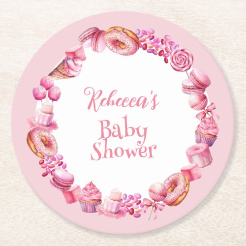 Pink Candy Frame Girl Baby Shower Round Paper Coaster