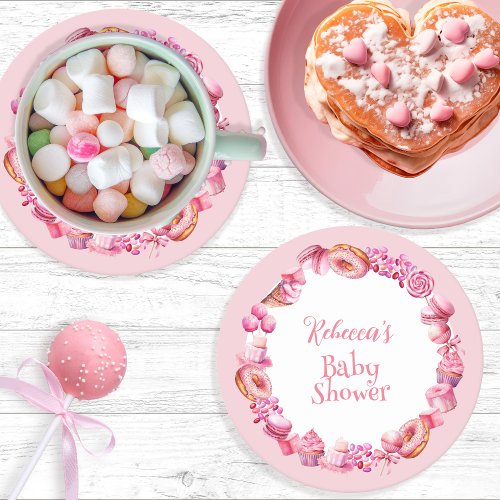 Pink Candy Frame Girl Baby Shower Round Paper Coaster