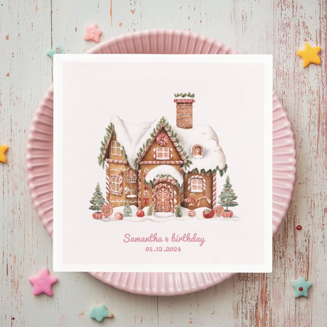 "Pink Candy Gingerbread House Birthday  Napkins (Creator Uploaded)