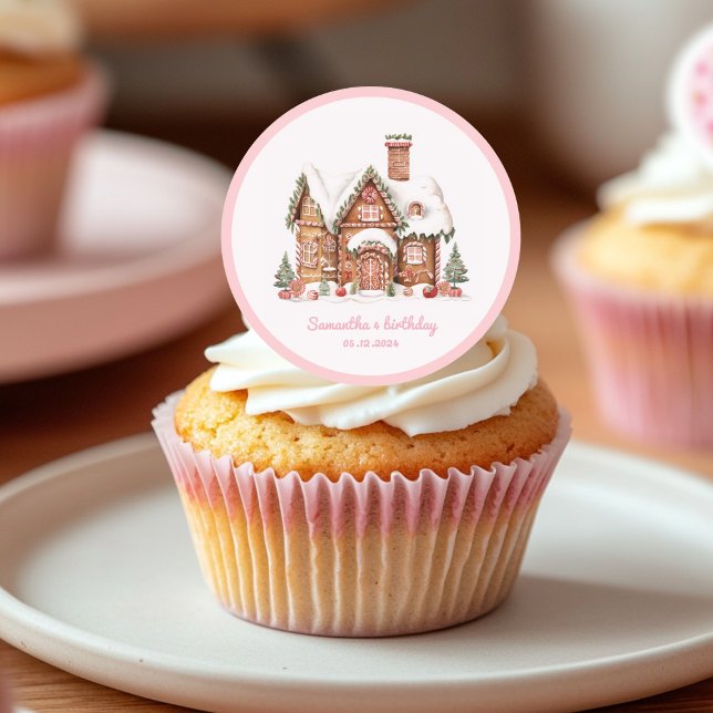 "Pink Candy Gingerbread House Birthday Sticker" Classic Round Sticker (Creator Uploaded)