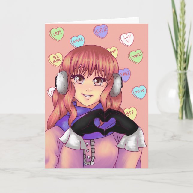 Pink Candy Heart Girl Card (Front)