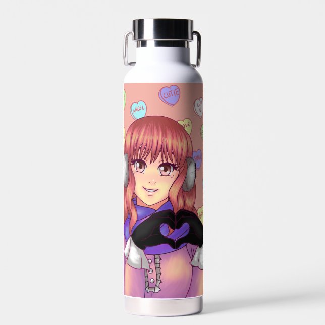 Pink Candy Heart Girl Water Bottle (Front)