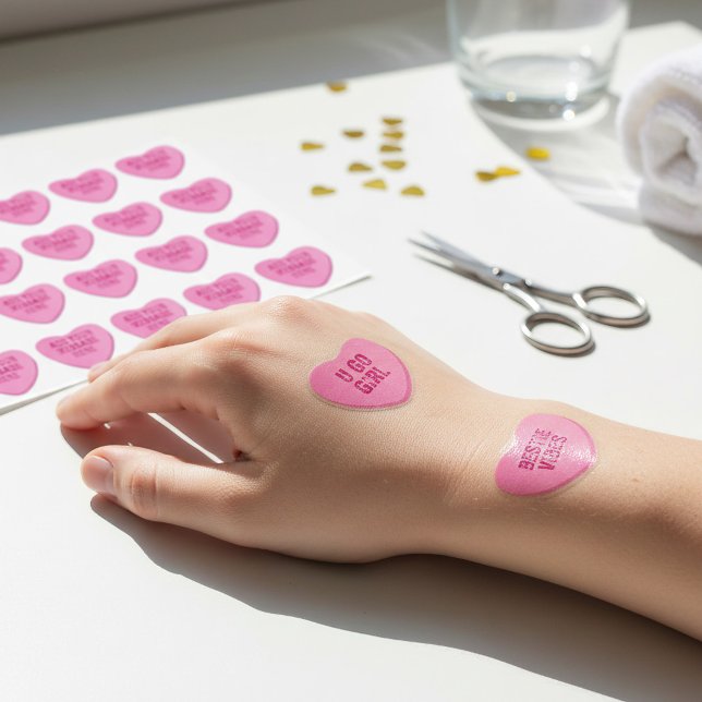 Pink Candy Heart with Custom Text | Set of 20 | Temporary Tattoos (Fun personalized pink candy heart custom temporary tattoos!)