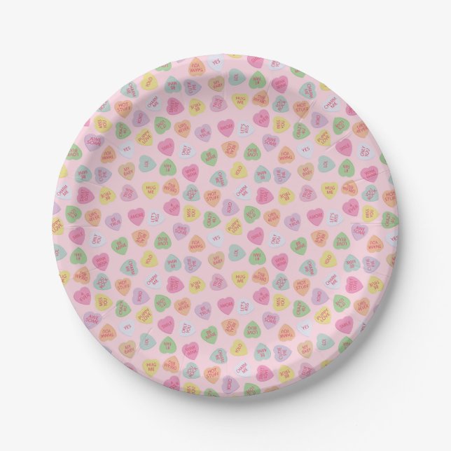 Pink Candy Hearts Paper Plates | Pastel Valentine  (Front)